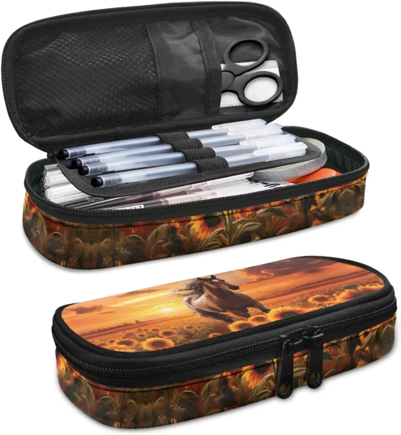 Horse Girl Print Bakpack Set for Kids 8-10 Sunflowers Print Girls Backpack Set Large Capacity Bookbag with Side Pockets Portable Lunch Bag Mini Pen Case 3 in 1