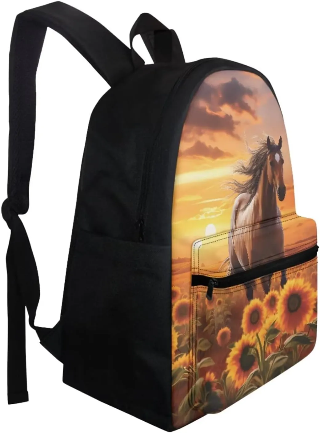 Horse Girl Print Bakpack Set for Kids 8-10 Sunflowers Print Girls Backpack Set Large Capacity Bookbag with Side Pockets Portable Lunch Bag Mini Pen Case 3 in 1