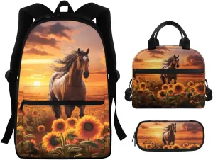 Horse Girl Print Bakpack Set for Kids 8-10 Sunflowers Print Girls Backpack Set Large Capacity Bookbag with Side Pockets Portable Lunch Bag Mini Pen Case 3 in 1