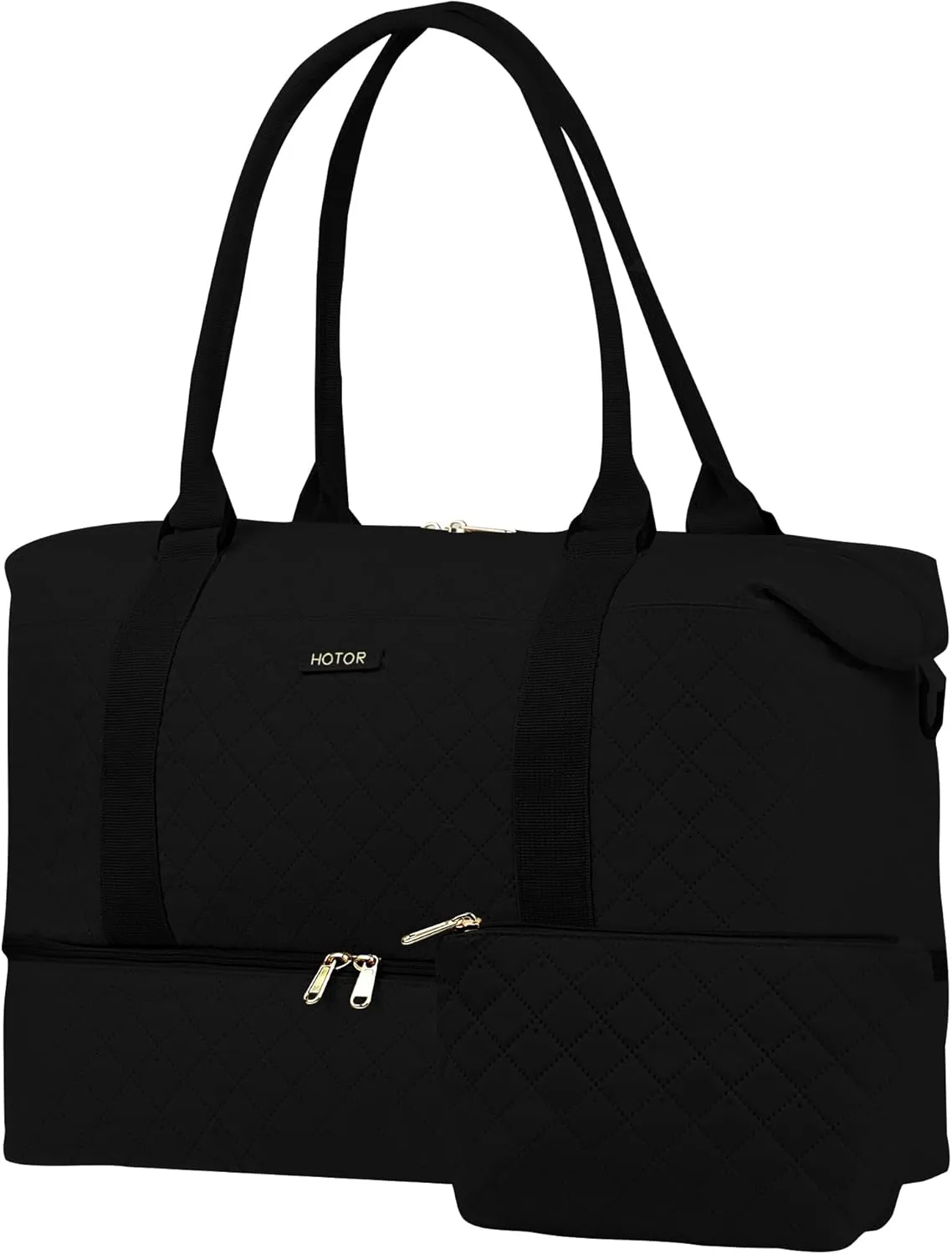 HOTOR Travel Duffel Bag - Weekender Bags for Women, Carry On Bag with Shoe Compartment, Overnight Bag with Toiletry Bag for Travel Essentials and Travel Accessories, Black, 12.9"×16.8"×7.8"