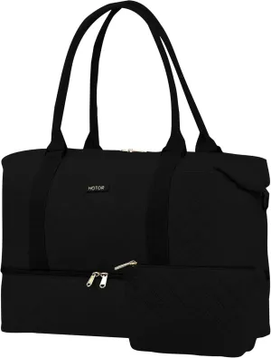 HOTOR Travel Duffel Bag - Weekender Bags for Women, Carry On Bag with Shoe Compartment, Overnight Bag with Toiletry Bag for Travel Essentials and Travel Accessories, Black, 12.9"×16.8"×7.8"