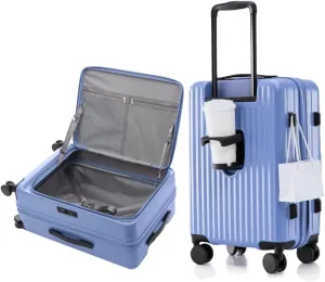HotWay 24 Inch Expandable Carry On Luggage with Cup Holder, Hardside TSA Approved Luggage with Spinner Wheels, Top Opening Suitcase For Travel, Blue