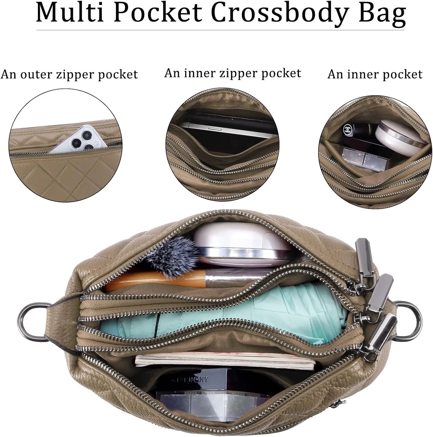 HUA ANGEL Crossbody Purses for Women, Leather Shoulder Handbags Sling Bag Crossboby Bags Triple Zipper Multi Pockets Purses