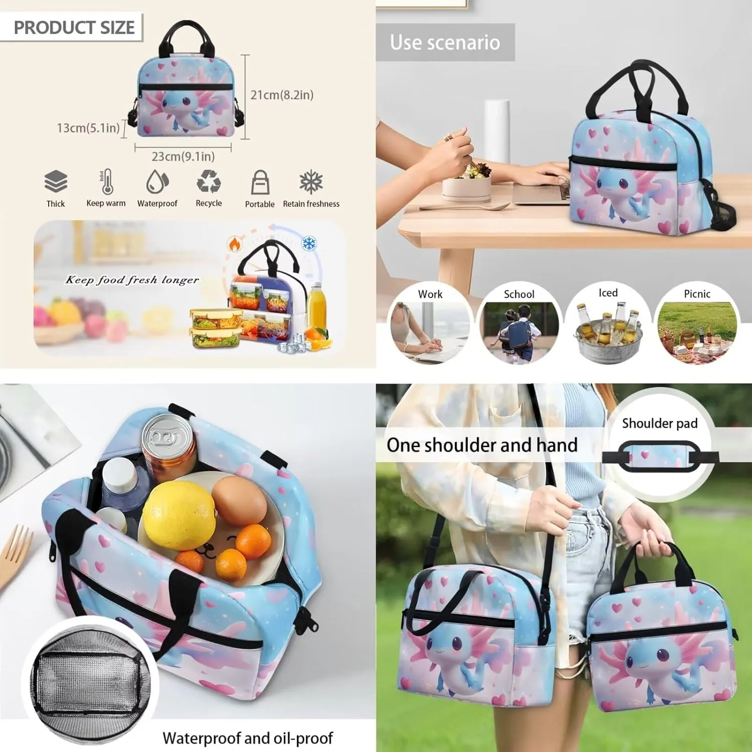 HUGS IDEA Blue Axolotl Girls Backpack for Ages 6-8 Cartoon Animal School Bag for Kindergarten Girls 3rd Grade Book Bag Set 3 Piece Bookbag with Lunch Box Pencil Case Kids Back to School