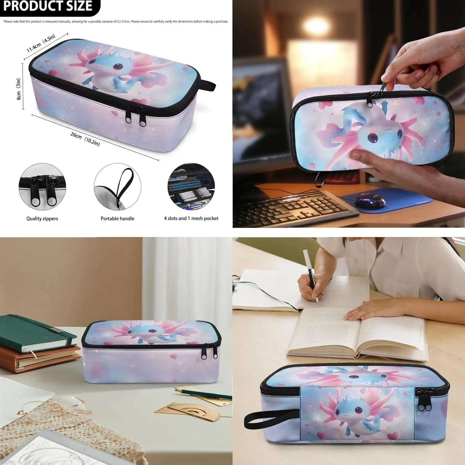 HUGS IDEA Blue Axolotl Girls Backpack for Ages 6-8 Cartoon Animal School Bag for Kindergarten Girls 3rd Grade Book Bag Set 3 Piece Bookbag with Lunch Box Pencil Case Kids Back to School