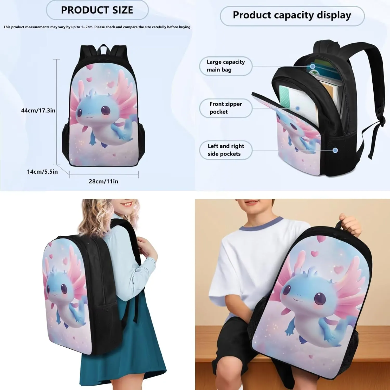 HUGS IDEA Blue Axolotl Girls Backpack for Ages 6-8 Cartoon Animal School Bag for Kindergarten Girls 3rd Grade Book Bag Set 3 Piece Bookbag with Lunch Box Pencil Case Kids Back to School