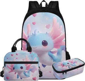 HUGS IDEA Blue Axolotl Girls Backpack for Ages 6-8 Cartoon Animal School Bag for Kindergarten Girls 3rd Grade Book Bag Set 3 Piece Bookbag with Lunch Box Pencil Case Kids Back to School