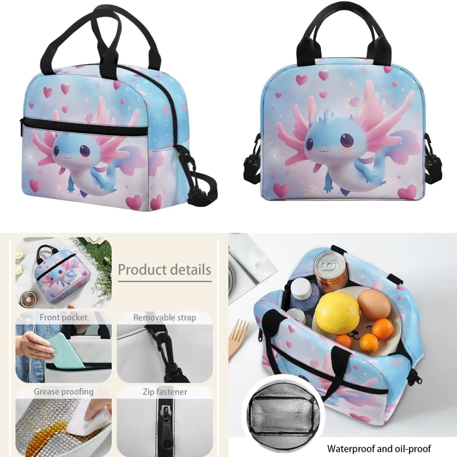HUGS IDEA Blue Axolotl Girls Backpack for Ages 6-8 Cartoon Animal School Bag for Kindergarten Girls 3rd Grade Book Bag Set 3 Piece Bookbag with Lunch Box Pencil Case Kids Back to School