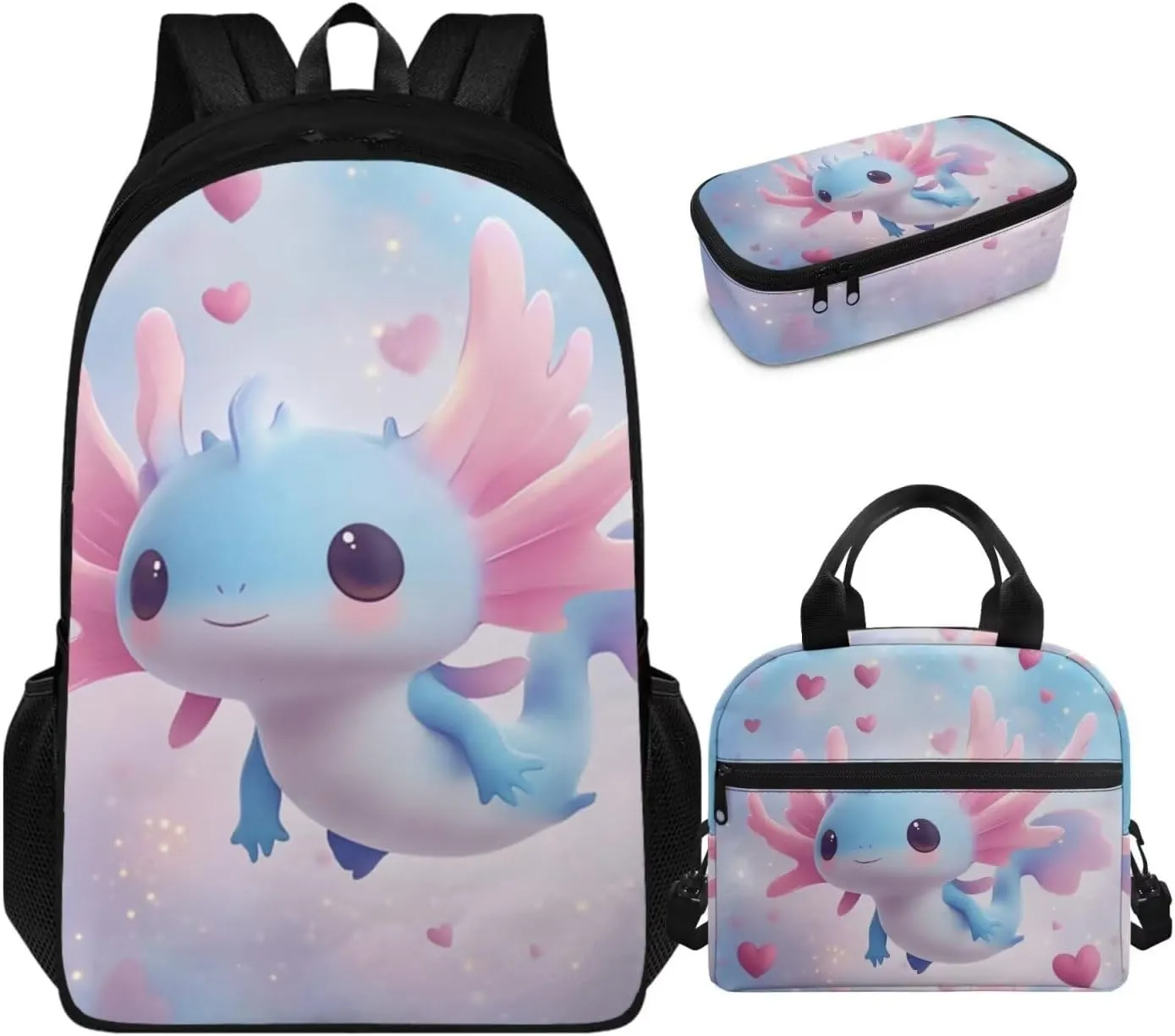 HUGS IDEA Blue Axolotl Girls Backpack for Ages 6-8 Cartoon Animal School Bag for Kindergarten Girls 3rd Grade Book Bag Set 3 Piece Bookbag with Lunch Box Pencil Case Kids Back to School
