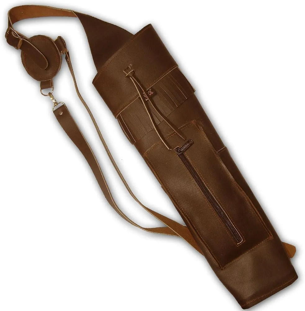Hunting Archery, Indoor Outdoor Sports, Recurve/Compound/Longbow Traditional Full Grain Finished Tanned Leather Shoulder Back Arrow Holder, Quiver, Bag.