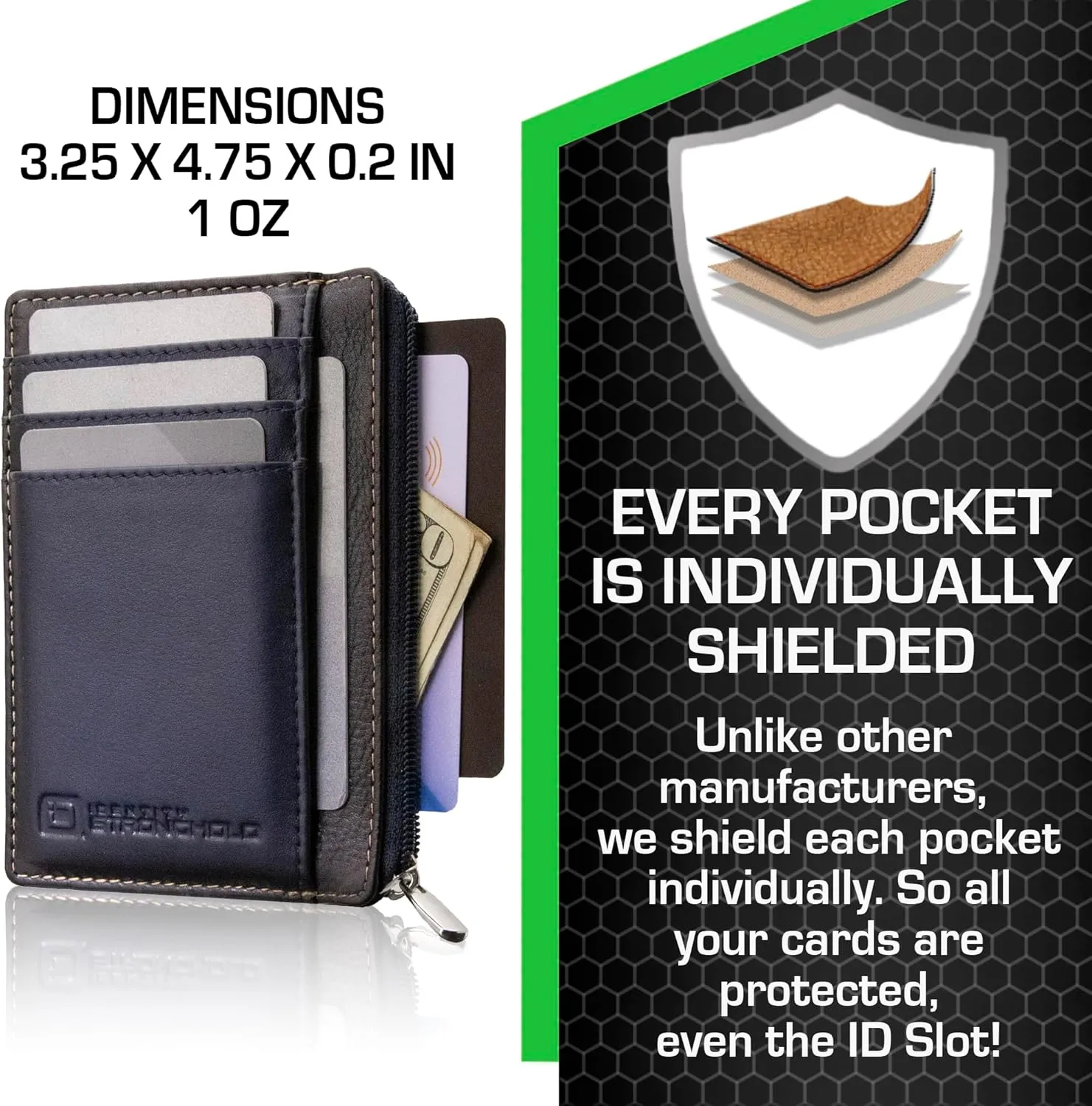 ID Stronghold RFID Front Pocket Wallet Mini Minimalist Wallet Slim Wallet Genuine Leather with Zipper (Blue)