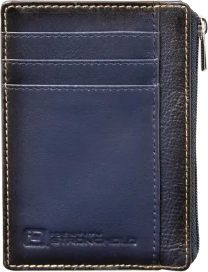 ID Stronghold RFID Front Pocket Wallet Mini Minimalist Wallet Slim Wallet Genuine Leather with Zipper (Blue)