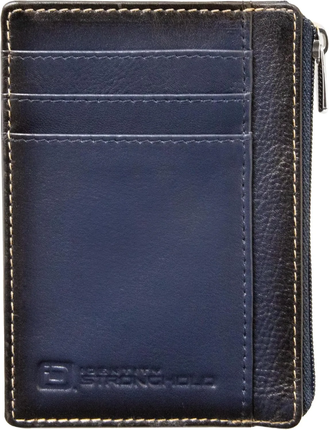 ID Stronghold RFID Front Pocket Wallet Mini Minimalist Wallet Slim Wallet Genuine Leather with Zipper (Blue)