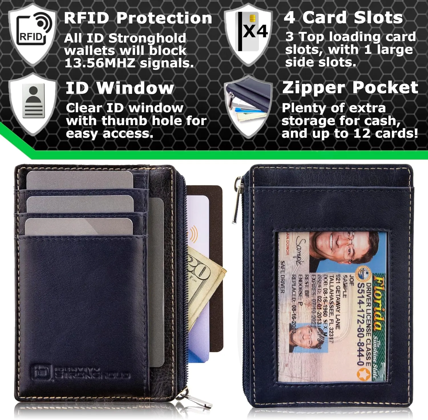 ID Stronghold RFID Front Pocket Wallet Mini Minimalist Wallet Slim Wallet Genuine Leather with Zipper (Blue)