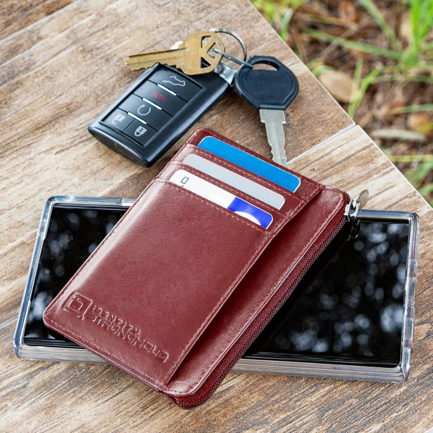 ID STRONGHOLD RFID Front Pocket Wallet Mini Minimalist Wallet Slim Wallet Genuine Leather with Zipper , Red , Small