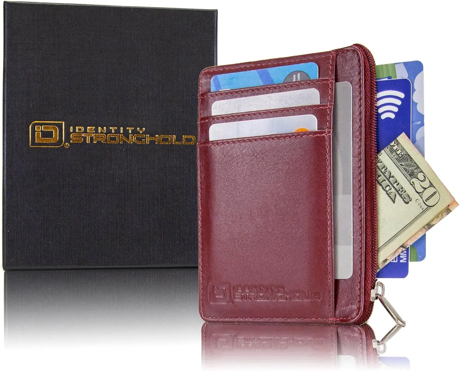 ID STRONGHOLD RFID Front Pocket Wallet Mini Minimalist Wallet Slim Wallet Genuine Leather with Zipper , Red , Small