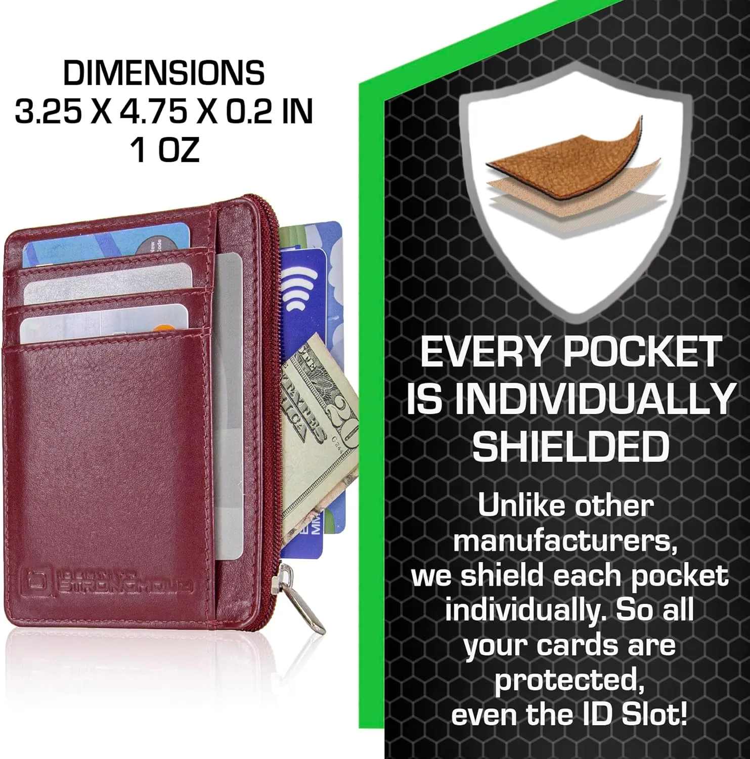 ID STRONGHOLD RFID Front Pocket Wallet Mini Minimalist Wallet Slim Wallet Genuine Leather with Zipper , Red , Small