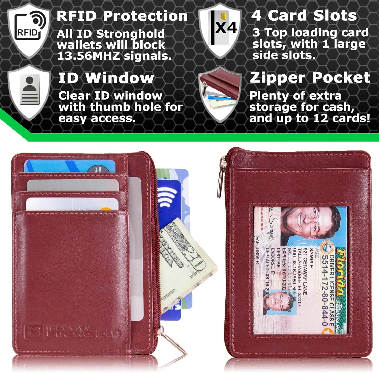 ID STRONGHOLD RFID Front Pocket Wallet Mini Minimalist Wallet Slim Wallet Genuine Leather with Zipper , Red , Small