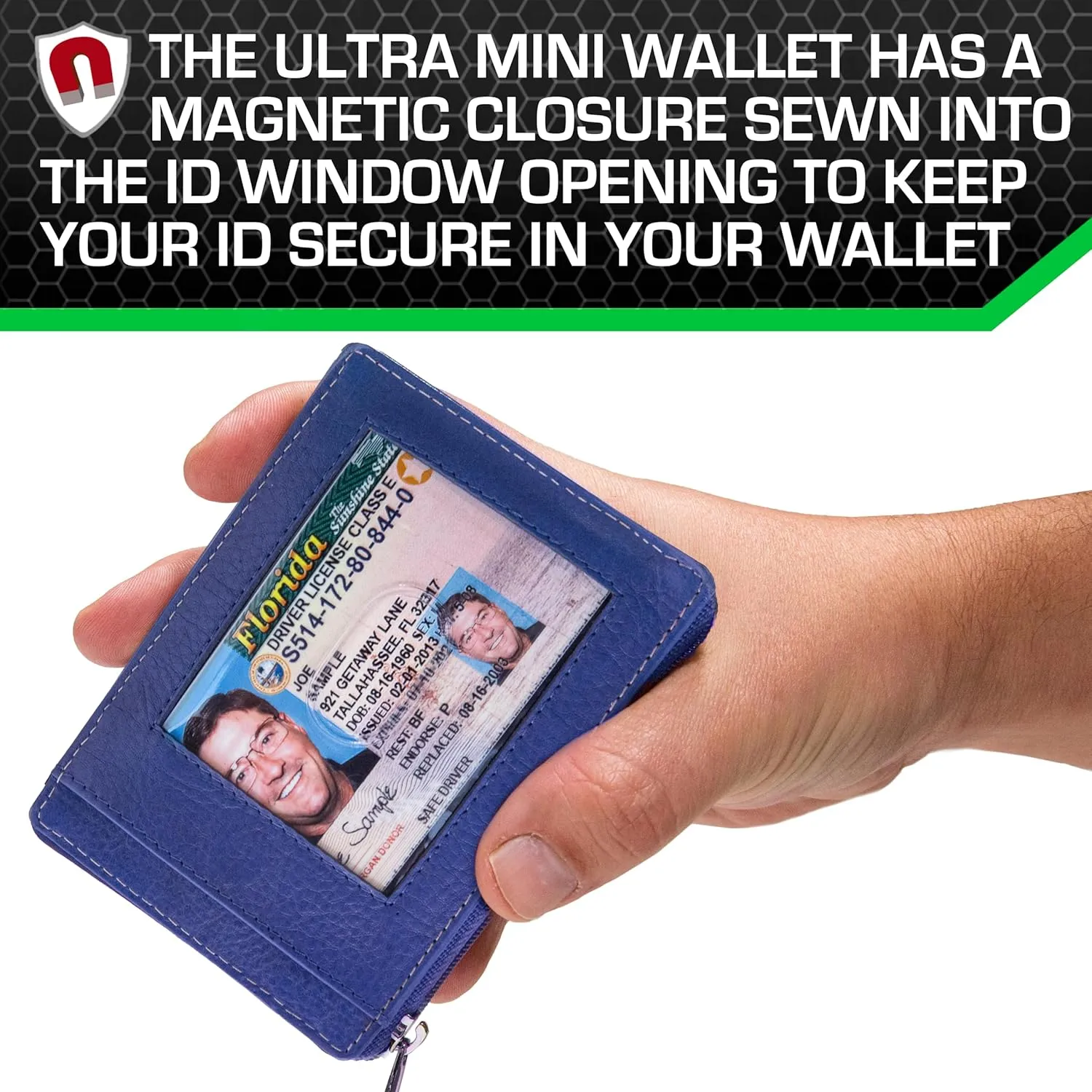 ID STRONGHOLD RFID Front Pocket Wallet Mini Minimalist Wallet Slim Wallet Genuine Leather with Zipper , Royal Blue , Small