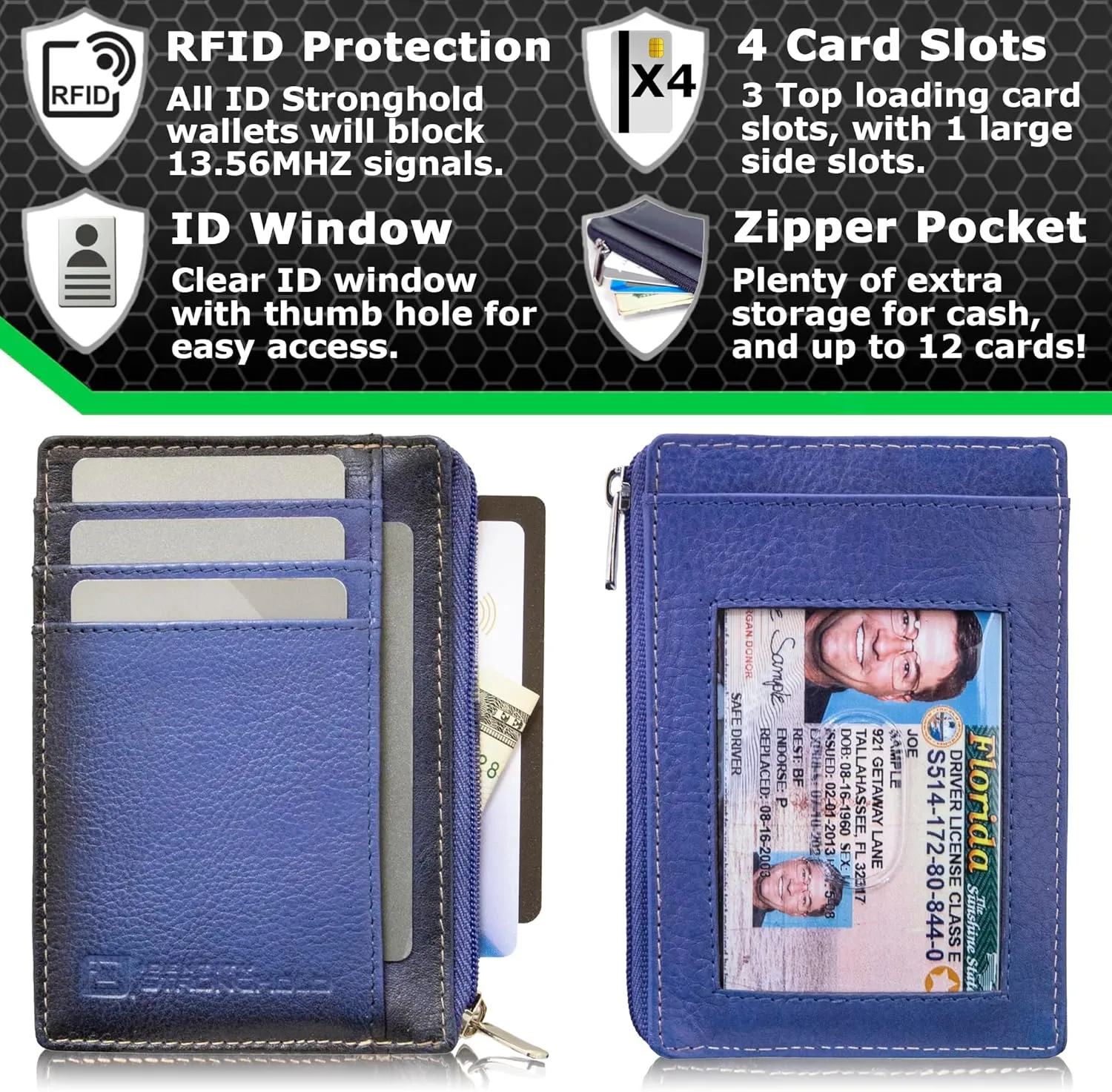 ID STRONGHOLD RFID Front Pocket Wallet Mini Minimalist Wallet Slim Wallet Genuine Leather with Zipper , Royal Blue , Small