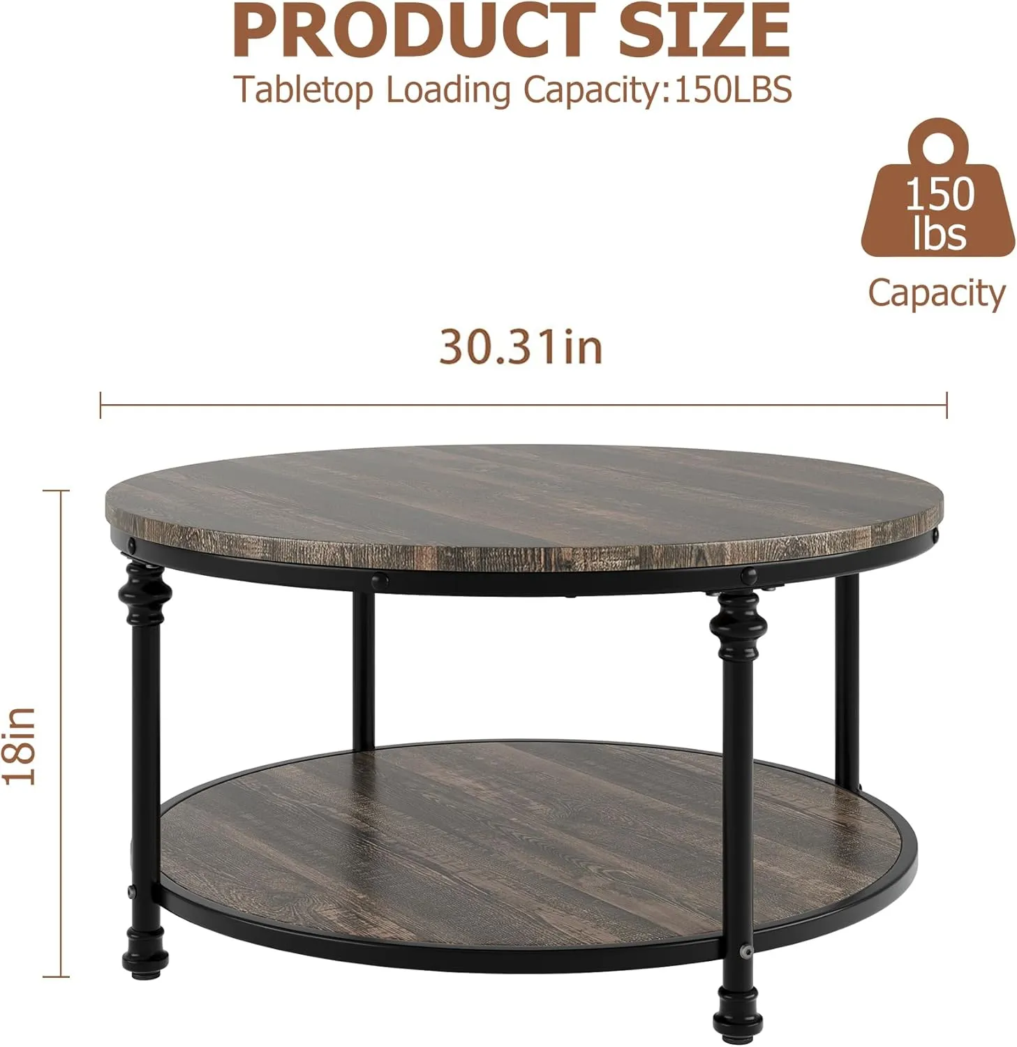 IDEALHOUSE Round Coffee Table for Living Room Rustic Center Table with Storage Shelf Wood Circle Coffee Table with Sturdy Metal Legs, Easy Assembly