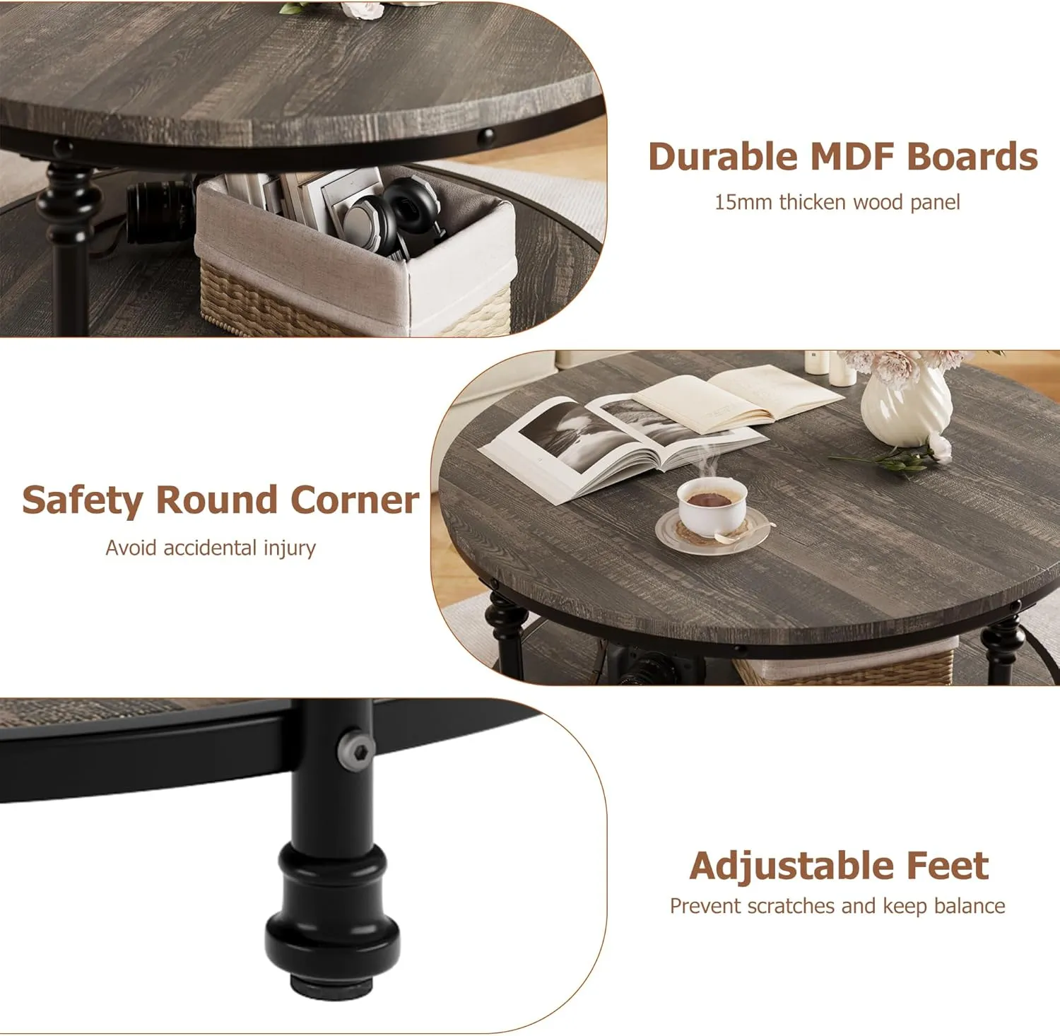 IDEALHOUSE Round Coffee Table for Living Room Rustic Center Table with Storage Shelf Wood Circle Coffee Table with Sturdy Metal Legs, Easy Assembly