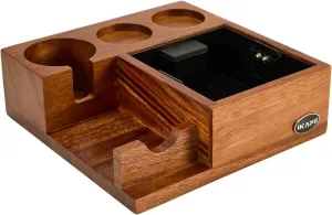 IKAPE V3 Espresso Knock Box, 58MM Espresso Coffee Organizer Box Fit for Storage 58MM Espresso Tamper, Distributor, Pure Natural Walnut Base with Special Portafilter Basket Station(4 In 1)