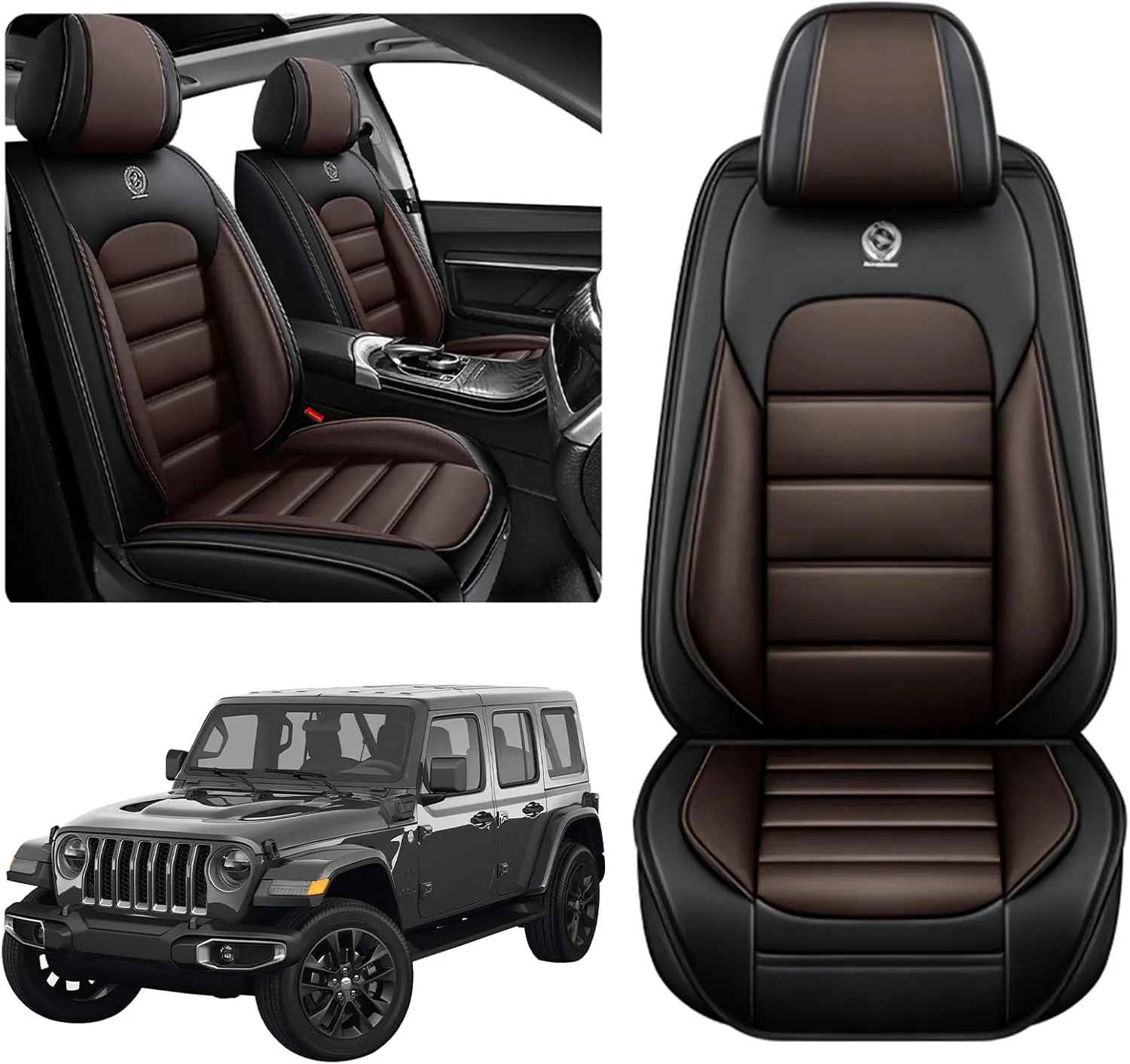 ILMO Leather Seat Cover for Jeep Wrangler JK JL 2/4 Door 2007-2024 Unlimited X Rubicon 392 Sahara Willys Sport High Altitude, Compatible Airbag Car Seat Cover (Black&Coffee, 2 Front Seat)