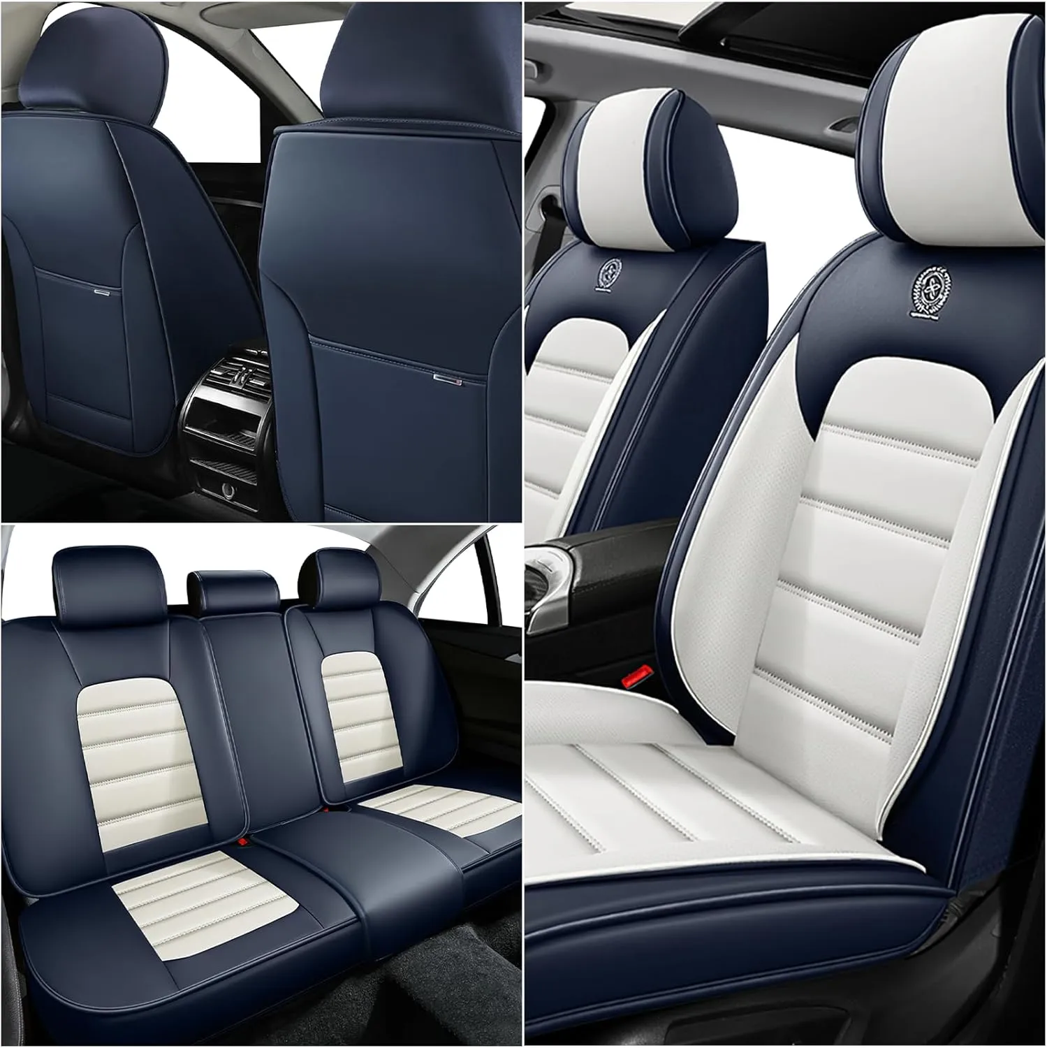 ILMO Leather Seat Cover for Jeep Wrangler JK JL 2/4 Door 2007-2024 Unlimited X Rubicon 392 Sahara Willys Sport High Altitude, Compatible Airbag Car Seat Cover (Blue&White, 2 Front Seat)