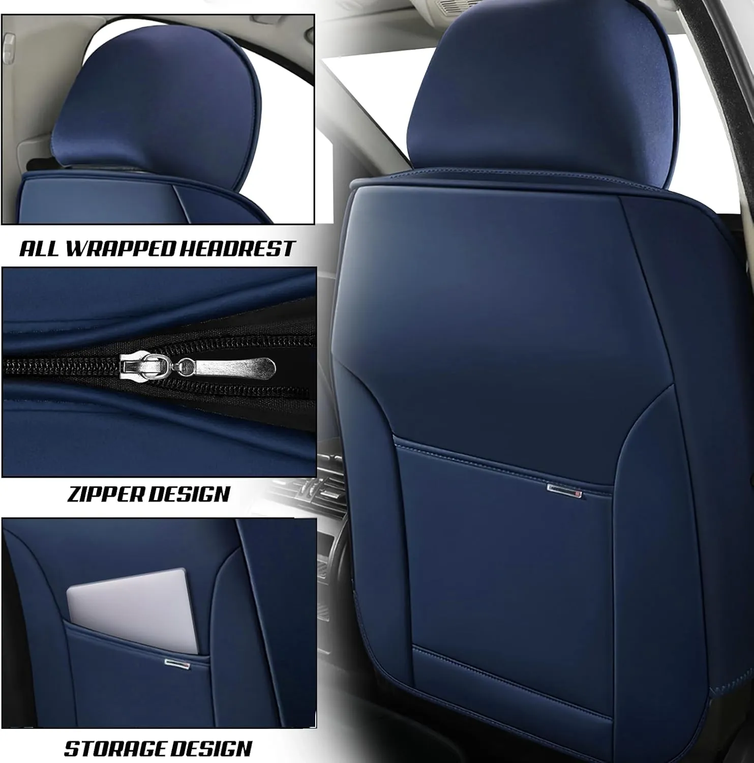 ILMO Leather Seat Cover for Jeep Wrangler JK JL 2/4 Door 2007-2024 Unlimited X Rubicon 392 Sahara Willys Sport High Altitude, Compatible Airbag Car Seat Cover (Blue&White, 2 Front Seat)