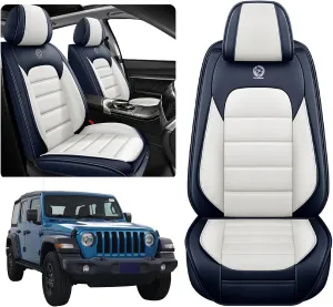 ILMO Leather Seat Cover for Jeep Wrangler JK JL 2/4 Door 2007-2024 Unlimited X Rubicon 392 Sahara Willys Sport High Altitude, Compatible Airbag Car Seat Cover (Blue&White, 2 Front Seat)