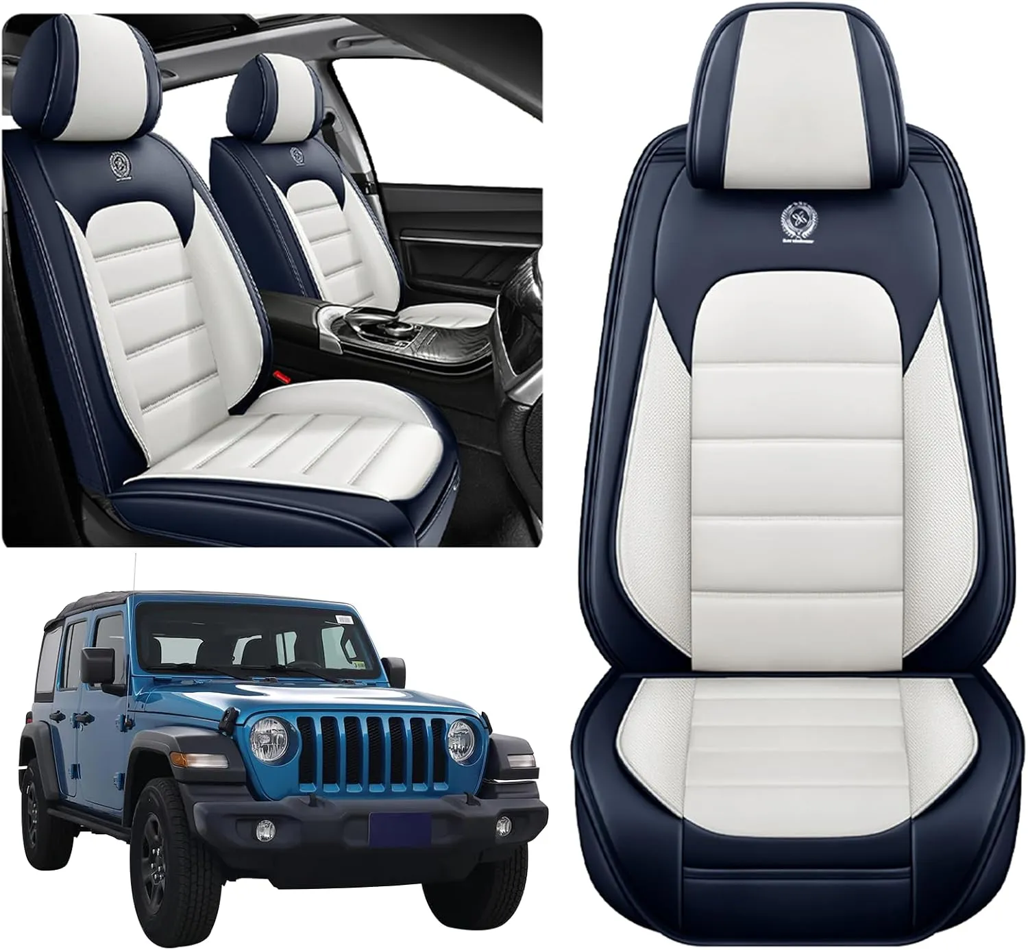 ILMO Leather Seat Cover for Jeep Wrangler JK JL 2/4 Door 2007-2024 Unlimited X Rubicon 392 Sahara Willys Sport High Altitude, Compatible Airbag Car Seat Cover (Blue&White, 2 Front Seat)