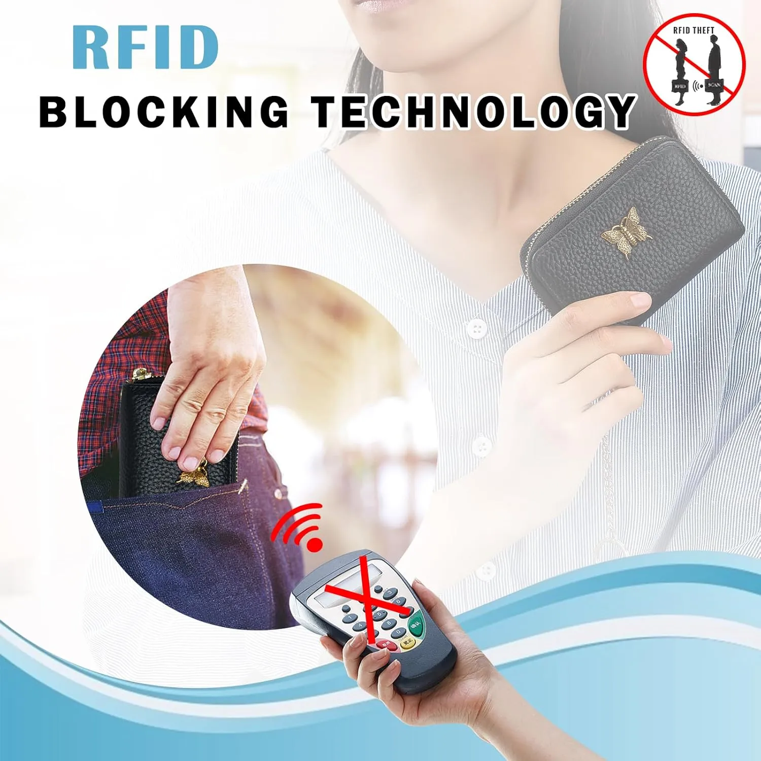 imeetu RFID Credit Card Holder for Women Genuine Leather Card Case Wallet with Zipper and Removable Keychain (Black)