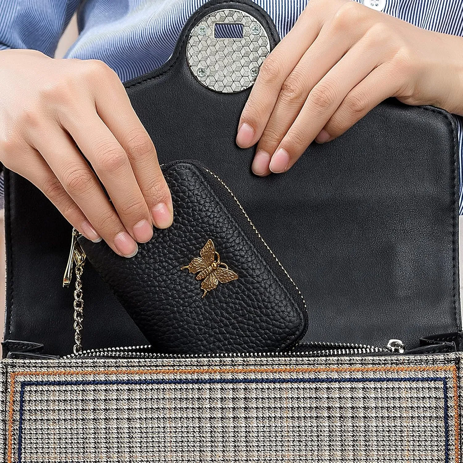 imeetu RFID Credit Card Holder for Women Genuine Leather Card Case Wallet with Zipper and Removable Keychain (Black)
