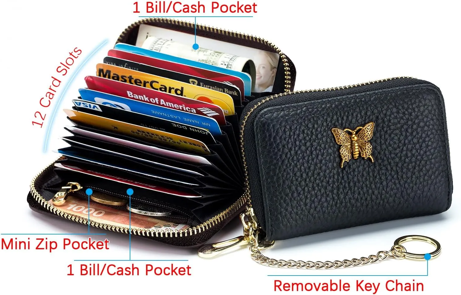 imeetu RFID Credit Card Holder for Women Genuine Leather Card Case Wallet with Zipper and Removable Keychain (Black)