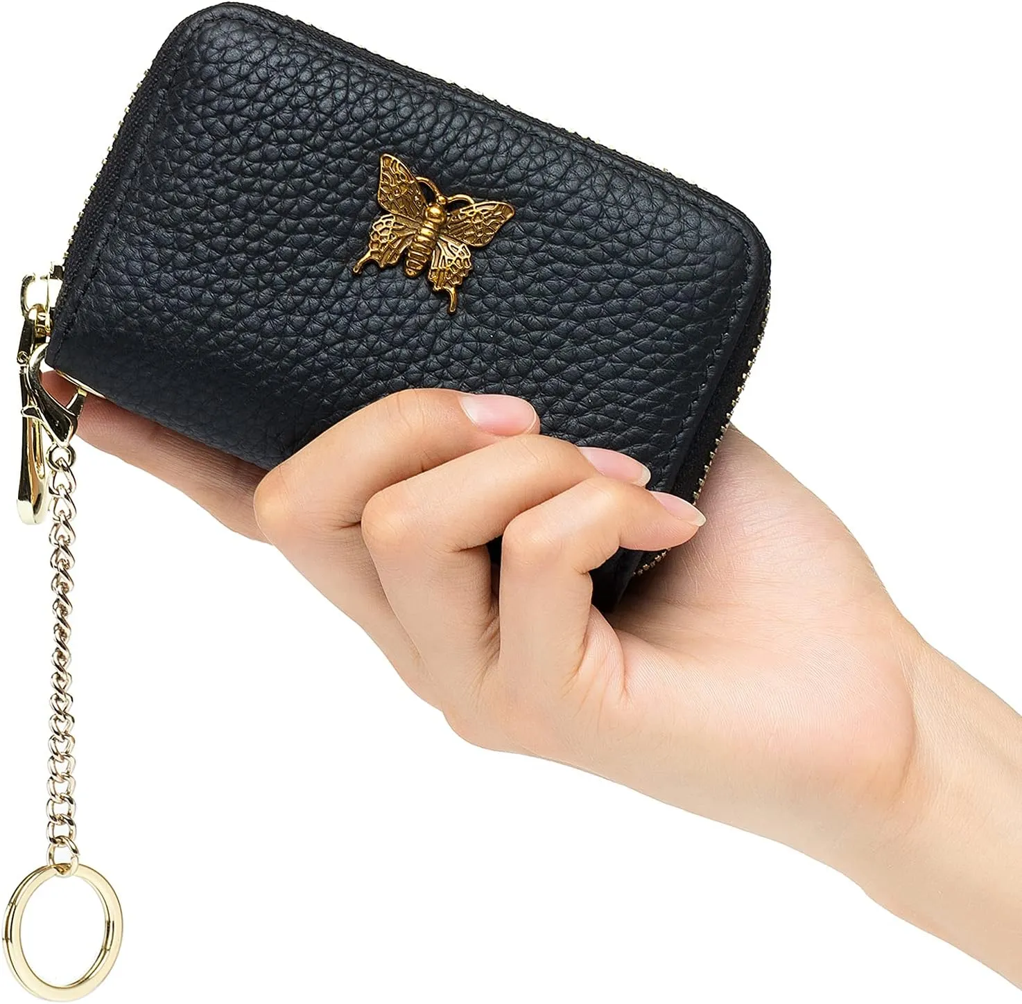imeetu RFID Credit Card Holder for Women Genuine Leather Card Case Wallet with Zipper and Removable Keychain (Black)