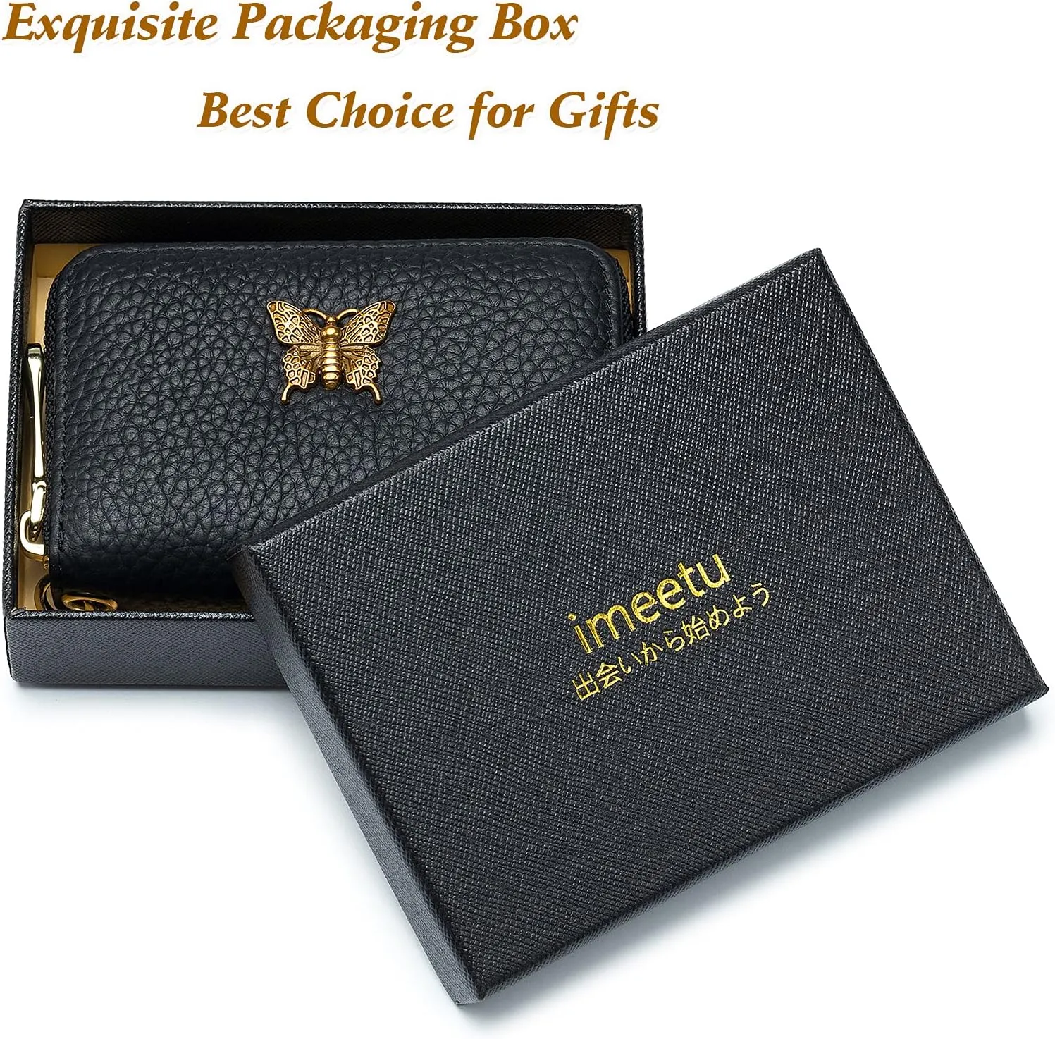 imeetu RFID Credit Card Holder for Women Genuine Leather Card Case Wallet with Zipper and Removable Keychain (Black)