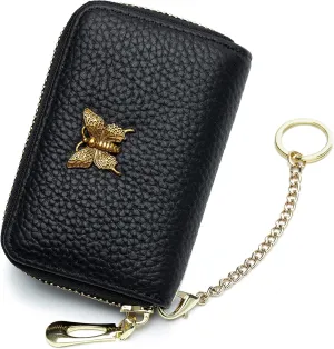 imeetu RFID Credit Card Holder for Women Genuine Leather Card Case Wallet with Zipper and Removable Keychain (Black)