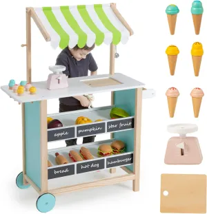 INFANS Wooden Grocery Store Marketplace Toy, Supermarket Pretend Play, Extra Storage 6 Ice Creams Scales Bells Chalkboards, Fun Indoor Farmer's Market Stand Set Gift for Ages 3 