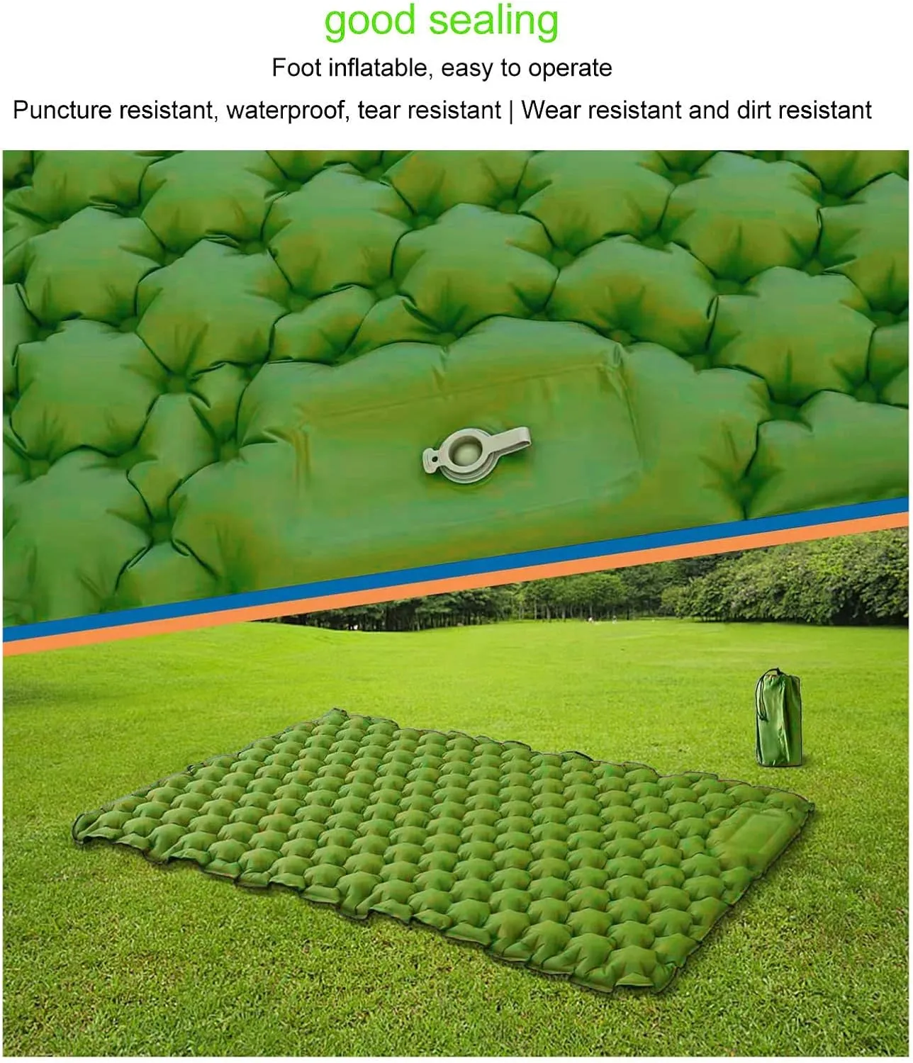 Inflating Sleeping Pad Ergonomic Foot Inflatable Pad Storage Bag Camping Outdoor Office (Olive Green)