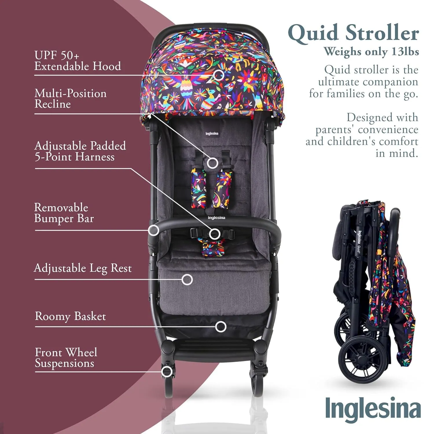 Inglesina Quid Stroller, Maya Black (Otomi-Inspired) - Compact, Airplane Travel Stroller for Babies & Toddlers 3 Months to 50 lbs - Lightweight - Easy to Open - BPA Free