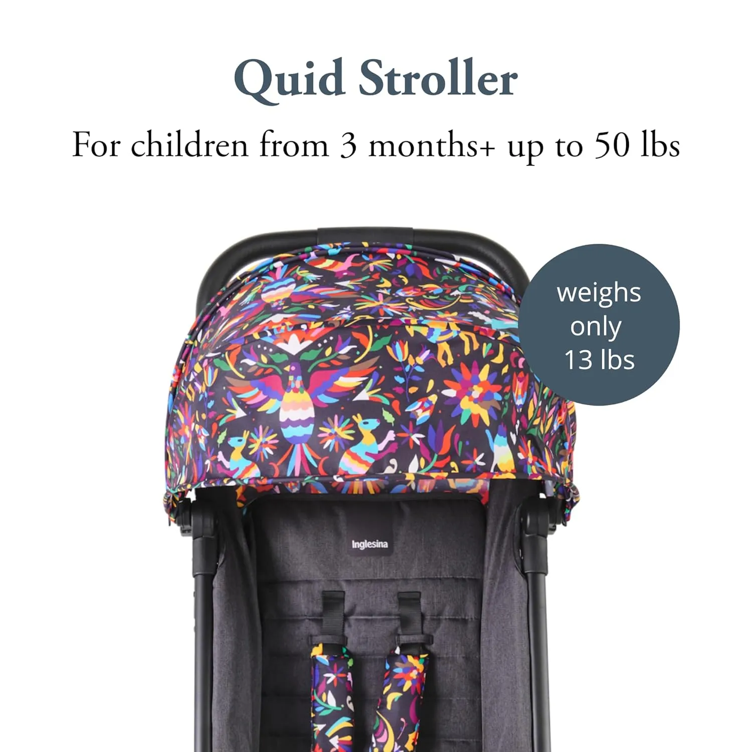 Inglesina Quid Stroller, Maya Black (Otomi-Inspired) - Compact, Airplane Travel Stroller for Babies & Toddlers 3 Months to 50 lbs - Lightweight - Easy to Open - BPA Free