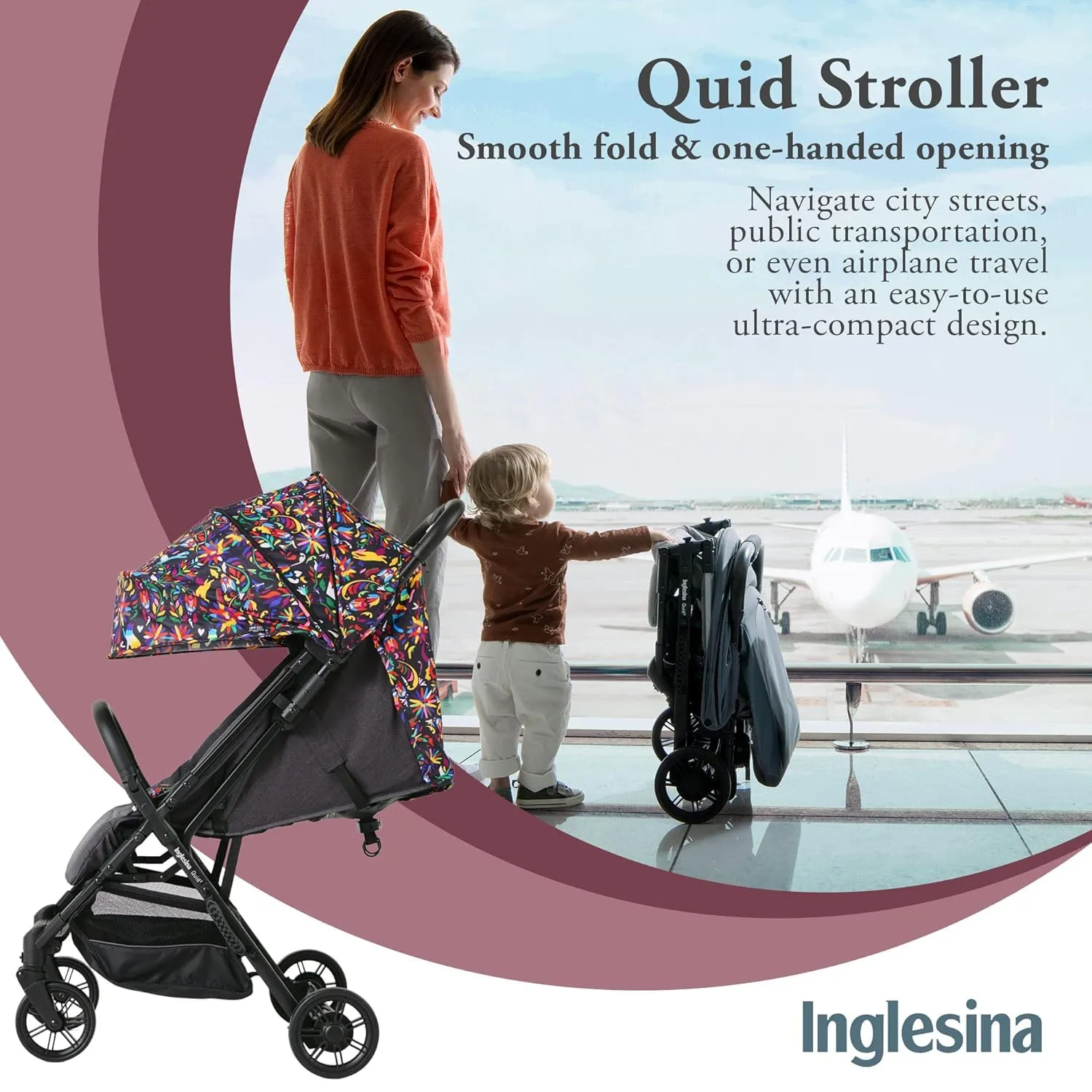 Inglesina Quid Stroller, Maya Black (Otomi-Inspired) - Compact, Airplane Travel Stroller for Babies & Toddlers 3 Months to 50 lbs - Lightweight - Easy to Open - BPA Free