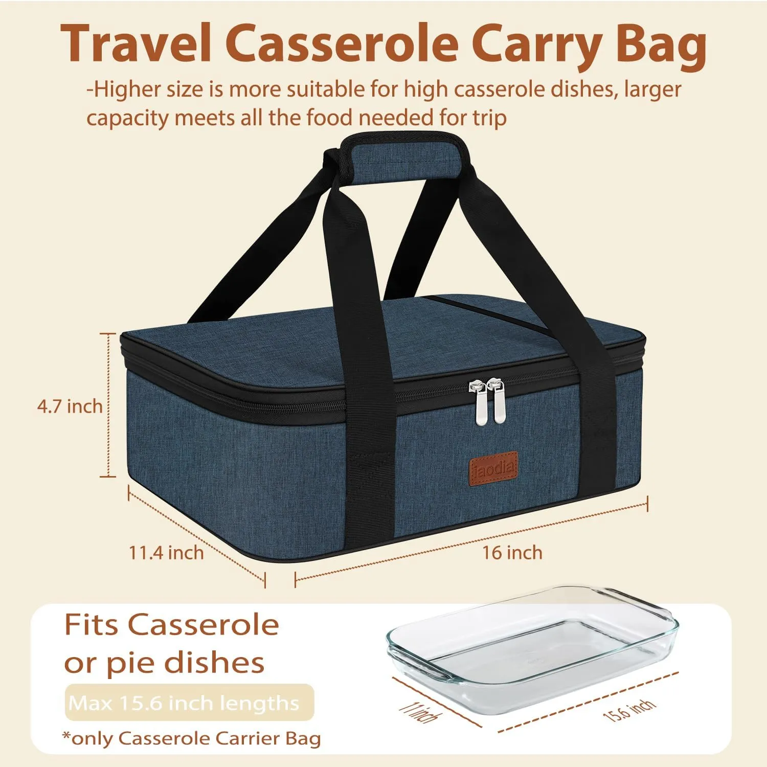 Insulated Casserole Carrier Bag, Expandable Thermal Food Carrier Insulated Travel Carry Bag for Hot or Cold Food for Picnic Cookouts Potluck Parties Fits 9" x 13" Baking Dish (Blue)