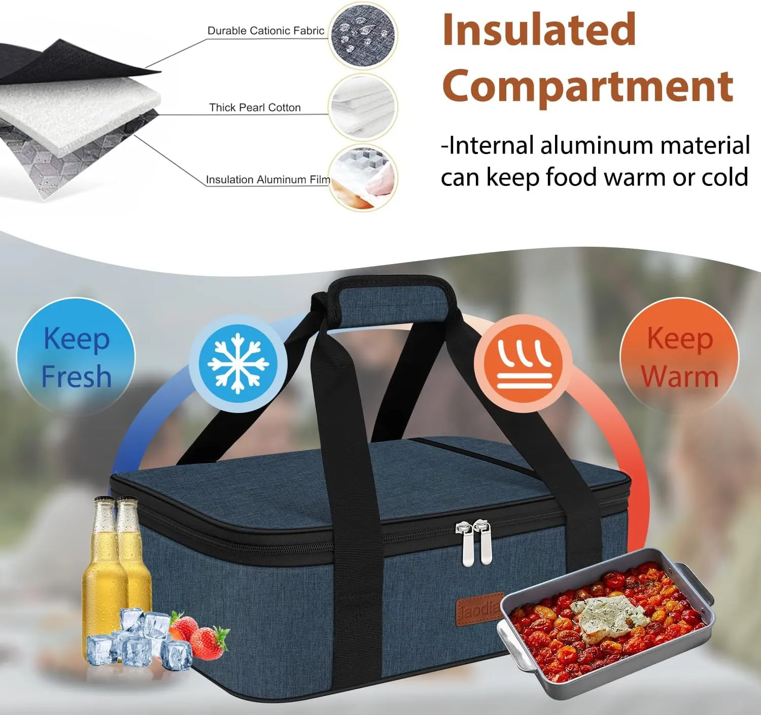 Insulated Casserole Carrier Bag, Expandable Thermal Food Carrier Insulated Travel Carry Bag for Hot or Cold Food for Picnic Cookouts Potluck Parties Fits 9" x 13" Baking Dish (Blue)