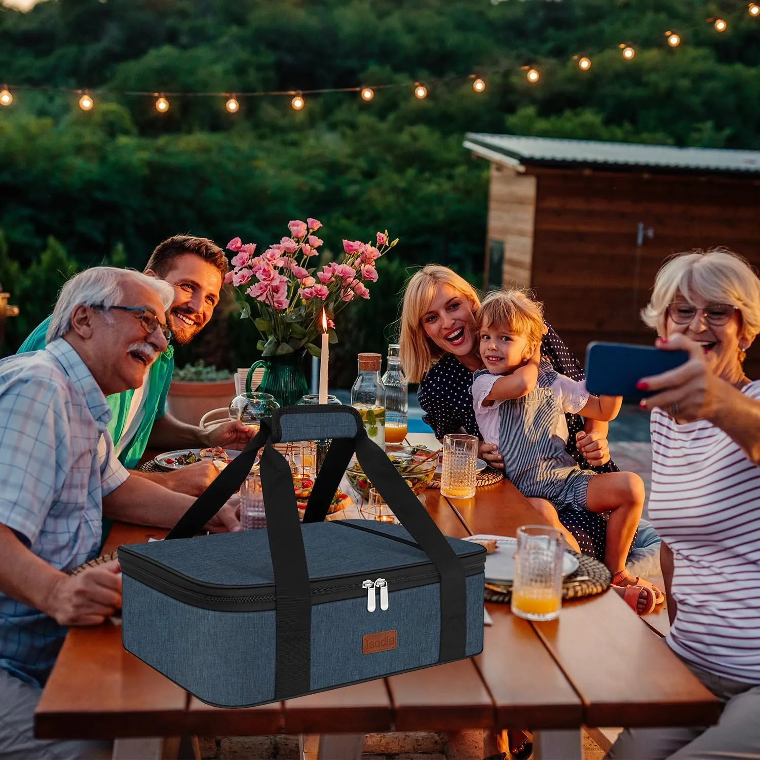 Insulated Casserole Carrier Bag, Expandable Thermal Food Carrier Insulated Travel Carry Bag for Hot or Cold Food for Picnic Cookouts Potluck Parties Fits 9" x 13" Baking Dish (Blue)