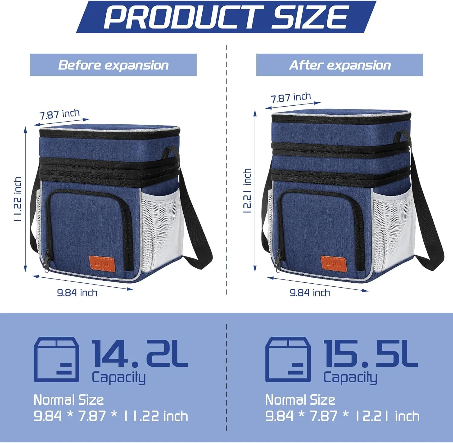Insulated Lunch Bag for Women Men, Reusable 3 Layers Lunch Box Women, Expandable Reusable Water-resistant Lunch Box for Work Travel Office Picnic Hiking (Navy Blue)