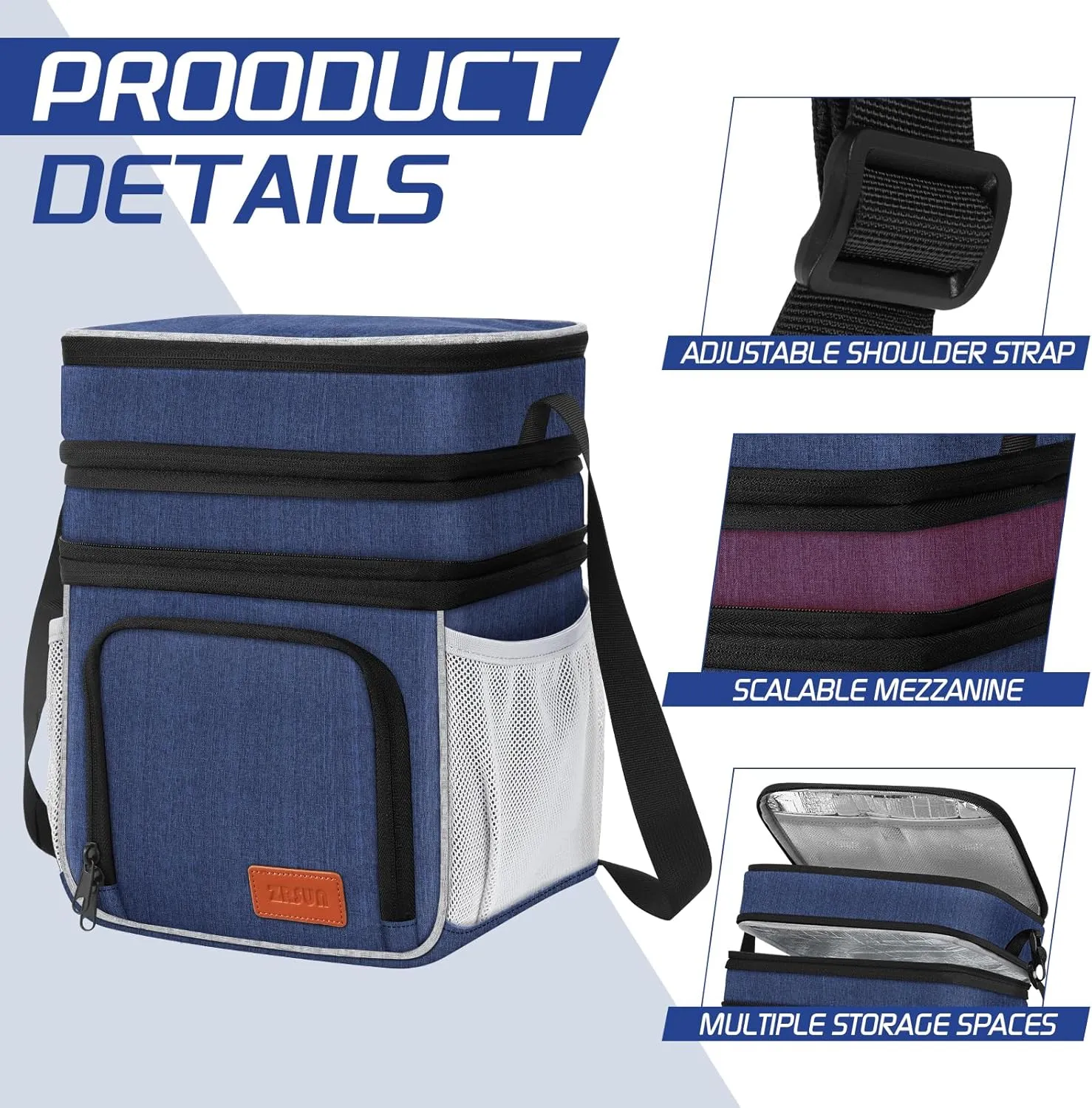 Insulated Lunch Bag for Women Men, Reusable 3 Layers Lunch Box Women, Expandable Reusable Water-resistant Lunch Box for Work Travel Office Picnic Hiking (Navy Blue)