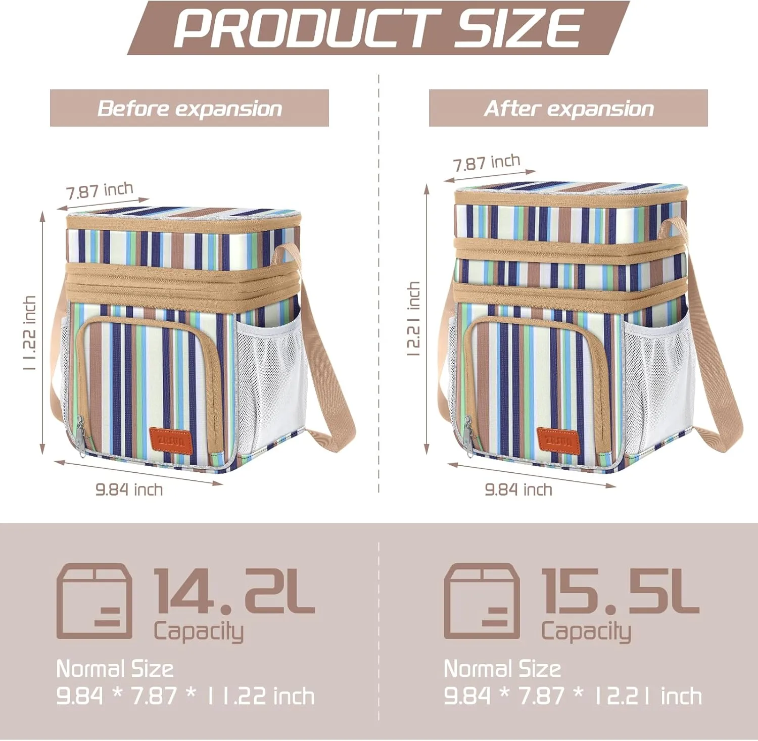 Insulated Lunch Bag for Women Men, Reusable 3 Layers Lunch Box Women, Expandable Reusable Water-resistant Lunch Box for Work Travel Office Picnic Hiking (Stripe)