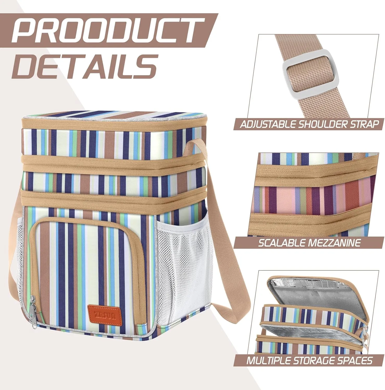 Insulated Lunch Bag for Women Men, Reusable 3 Layers Lunch Box Women, Expandable Reusable Water-resistant Lunch Box for Work Travel Office Picnic Hiking (Stripe)